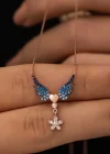 Gümüş Rose Çiçekli Kanatlı Kalpli Kolye