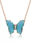 Gümüş Rose Turkuaz Cam Kelebek Kolye
