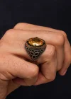 Gümüş Sarı Sitrin Zirkon Taşlı Erkek Yüzük