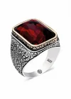 Gümüş Zirkon Kırmıızı Taşlı Kare Erkek Yüzük
