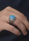 Gümüş Zirkon Turkuaz Taşlı Oval Erkek Yüzük