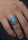 Gümüş Zirkon Turkuaz Taşlı Oval Erkek Yüzük
