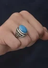 Gümüş Zirkon Turkuaz Taşlı Oval Erkek Yüzük