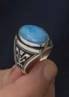 Gümüş Zirkon Turkuaz Taşlı Oval Erkek Yüzük
