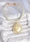 Kırık Beyaz Halat Model Gold Renk Güneş Figürlü Pirinç Kolye