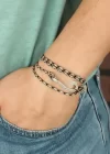Krem Renk Çizgi Desenli Metal Kancalı Erkek Bileklik
