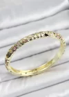Mineli Pirinç Gold Renk Pembe Çiçek Desen Motifli Kadın Kelepçe