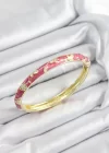 Mineli Pirinç Pembe Çiçek Motifli Gold Renk Kadın Kelepçe