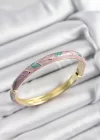 Mineli Pirinç Pembe Ve Yeşil Yaprak Motifli Gold Renk Kadın Kelepçe