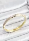 Mineli Pirinç Zirkon Taşlı Pembe Çiçek Desenli Gold Renk Kadın Kelepçe
