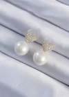 Pirinç Altın Renk Zirkon Taşlı Kalp Model İnci Tasarım Kadın Küpe