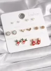 Pirinç Gold Renk 7 Çift Zirkon Taşlı Yılbaşı Temalı Kadın Küpe Seti