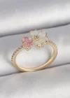 Pirinç Gold Renk Beyaz Mineli Pembe Zirkon Taşlı Çiçek Model Kadın Yüzük