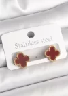 Pirinç Gold Renk Bordo Yonca Model Kadın Küpe