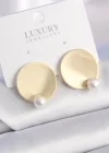 Pirinç Gold Renk Daire Plaka Model İnci Detay Kadın Küpe