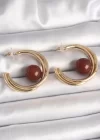 Pirinç Gold Renk Halka Model Kahverengi Boncuk Detay Kadın Küpe