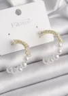 Pirinç Gold Renk İncili Zirkon Taşlı Halka Model Kadın Küpe