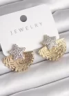 Pirinç Gold Renk İşleme Detaylı Yelpaze Zirkon Taşlı Yıldız Model Kadın Küpe