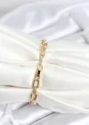 Pirinç Gold Renk Kare Zincir Model Zirkon Taşlı Kadın Bileklik