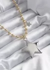 Pirinç Gold Renk Topçuk Zincir Gümüş 3D Yıldız Model Yıldız Detay VİP Kadın Kolye