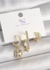 Pirinç Gold Renk Zirkon Taşlı Baget Halka Model 3Lü Kadın Kombin Küpe
