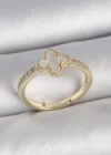 Pirinç Gold Renk Zirkon Taşlı Beyaz Mineli Yonca Model Ayarlanabilir Kadın Yüzük
