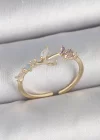 Pirinç Gold Renk Zirkon Taşlı Çiçek Model Ayarlanabilir Kadın Yüzük
