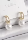 Pirinç Gold Renk Zirkon Taşlı Halka İncili Kadın Küpe