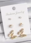 Pirinç Gold Renk Zirkon Taşlı İşlemeli Motif Model 3 Çift Kadın Küpe Seti