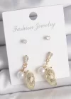 Pirinç Gold Renk Zirkon Taşlı İncili Sallantılı İşlemeli Damla Model 3 Çift Kadın Küpe Seti