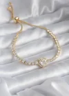 Pirinç Gold Renk Zirkon Taşlı Kalp Asansör Charm Model VIP Seri Kadın Bileklik