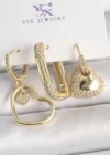 Pirinç Gold Renk Zirkon Taşlı Sallantı Kalp Model 3Lü Kadın Kombin Küpe