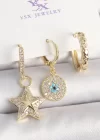 Pirinç Gold Renk Zirkon Taşlı Sallantı Yıldız Model Nazar Boncuk Detay 3Lü Kadın Kombin Küpe