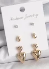 Pirinç Gold Renk Zirkon Taşlı Sallantılı Kalp Model 3 Çift Kadın Küpe Seti