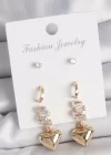 Pirinç Gold Renk Zirkon Taşlı Sallantılı Kalp Model Yarım Halka Detay 3 Çift Kadın Küpe Seti