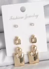 Pirinç Gold Renk Zirkon Taşlı Sallantılı Kare Model 3 Çift Kadın Küpe Seti