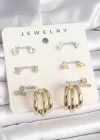 Pirinç Gold Renk Zirkon Taşlı Yıldız Detay Halka Figür 7Li Set Kadın Küpe
