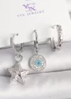 Pirinç Gold Renk Zirkon Taşlı Yıldız Model Nazar Boncuk Detay 3Lü Kadın Kombin Küpe