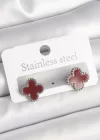 Pirinç Gümüş Renk Bordo Yonca Model Kadın Küpe