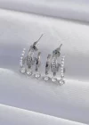 Pirinç Gümüş Renk İncili Çoklu Zirkon Taşlı Yarım Halka Küpe