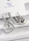 Pirinç Gümüş Renk Sallantı Zirkon Taşlı Kalp Model 3Lü Kadın Kombin Küpe