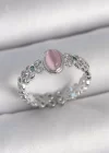 Pirinç Gümüş Renk Zirkon Taş Detaylı Pembe Mineli Damla Model Ayarlanabilir Kadın Yüzük
