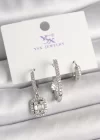 Pirinç Gümüş Renk Zirkon Taşlı Baget Halka Model 3Lü Kadın Kombin Küpe