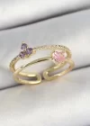 Pirinç Kalp Ve Çiçek Figürlü Zirkon Taşlı Gold Renk Ayarlanabilir Kadın Yüzük