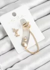 Pirinç Kelebek Figürlü Zirkon Taşlı Gold Renk 3lü Kıkırdak Kadın Küpe Set