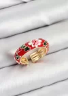 Pirinç Kırmızı Mineli Çiçek Motifli Gold Renk Ayarlanabilir Kadın Yüzük