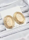 Pirinç Mermer Desenlli Bej Sedef Oval Vintage Model Gold Renk Kadın Küpe