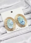 Pirinç Mermer Desenlli Mavi Sedef Oval Vintage Model Gold Renk Kadın Küpe