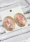 Pirinç Mermer Desenlli Pembe Sedef Oval Vintage Model Gold Renk Kadın Küpe