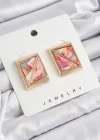 Pirinç Pembe Üçgen Kesim Detaylı Kare Model Vintage Gold Renk Kadın Küpe